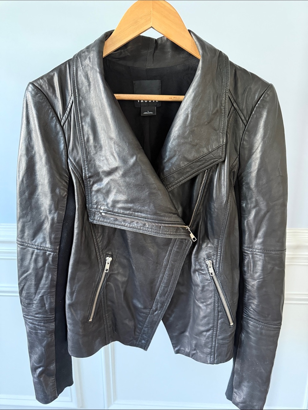 Trouve Leather Moto Jacket Womens L Black Asymmetrical Zip Nordstrom Biker